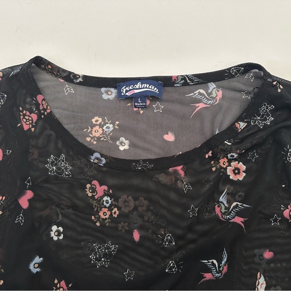 Freshman 1996 Black with Floral Print Sheer 90s Y2K Long Sleeve Blouse Large - Picture 10 of 11